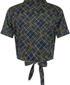 Collectif Sammy Hatch Check 50's Tie Blouse Top Navy New In