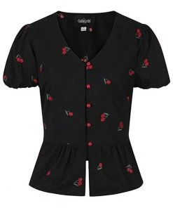Collectif Mimma Mimi Cherries 40's Blouse Black New In