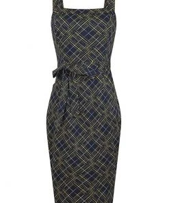 New In Collectif Tess Hatch Check 40's Pencil Dress Navy