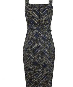 New In Collectif Tess Hatch Check 40's Pencil Dress Navy