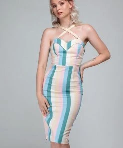 Collectif Kiana Teacup Stripe 50's Pencil Dress Multi New In