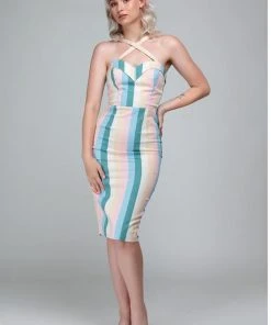 Collectif Kiana Teacup Stripe 50's Pencil Dress Multi New In