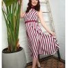 Collectif Adalaide Deckchair Stripe 40's Swing Dress Burgundy New In