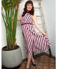 Collectif Adalaide Deckchair Stripe 40's Swing Dress Burgundy New In
