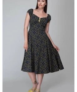 Collectif Dolores Hatch Check 50's Swing Dress Navy New In