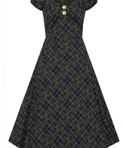Collectif Dolores Hatch Check 50's Swing Dress Navy New In