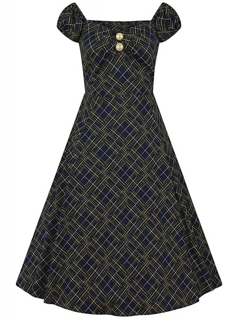 Collectif Dolores Hatch Check 50's Swing Dress Navy New In