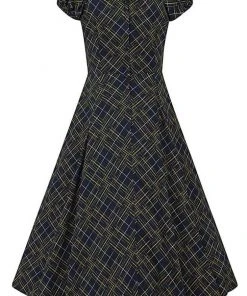 Collectif Dolores Hatch Check 50's Swing Dress Navy New In