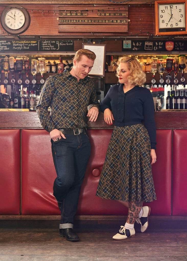 Collectif Dolores Hatch Check 50's Swing Dress Navy New In