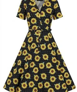 Collectif Caterina Sunflower 50's Swing Dress Black New In