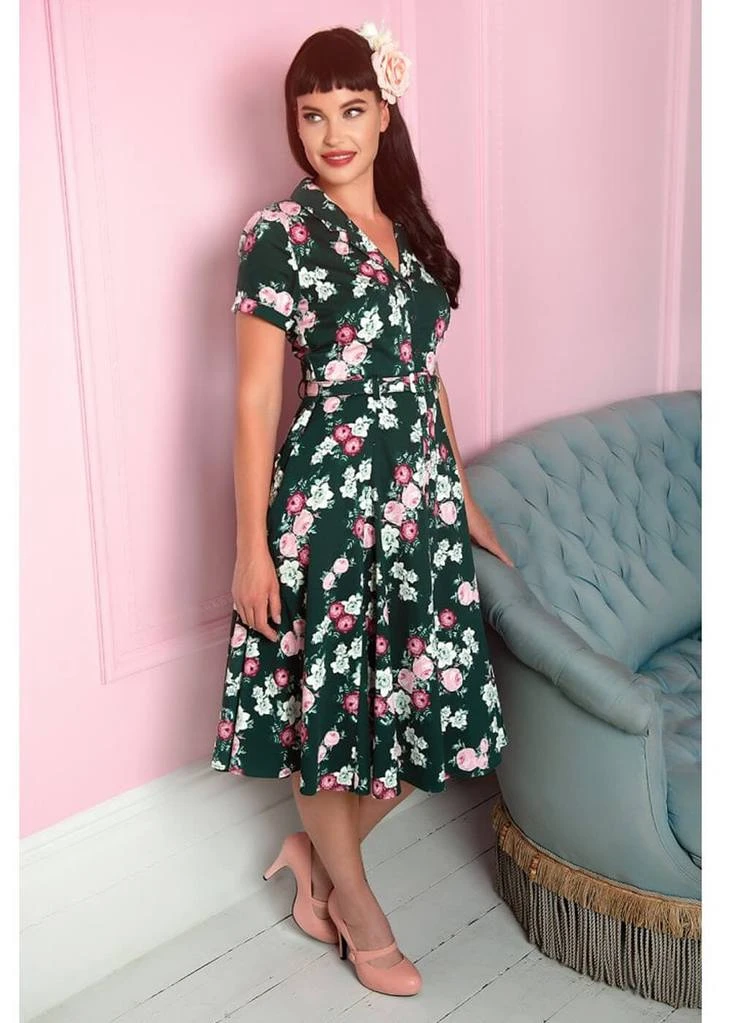Collectif Caterina Vintage Bloom 40's Swing Dress Green