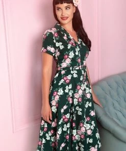 Collectif Caterina Vintage Bloom 40's Swing Dress Green