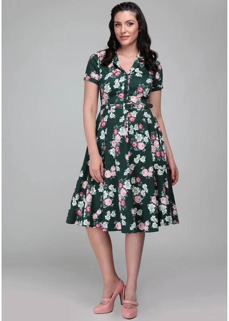 Collectif Caterina Vintage Bloom 40's Swing Dress Green