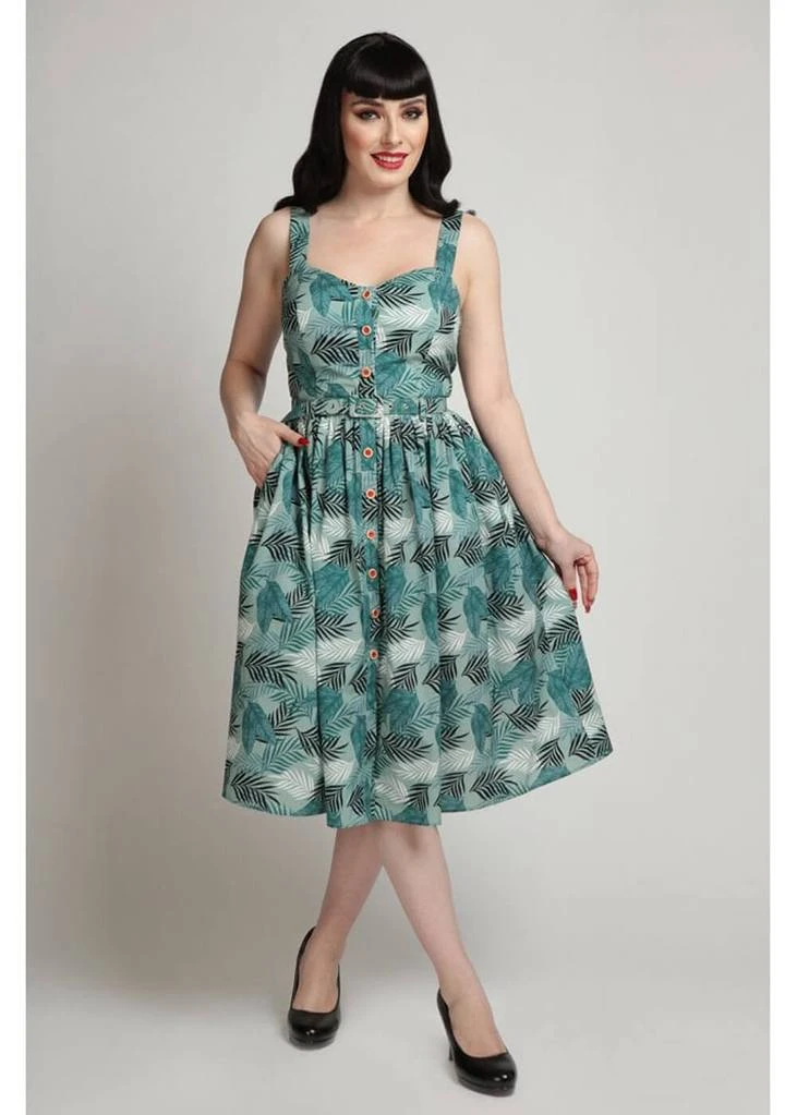 Collectif Jemima Cool Palm 50's Swing Dress Green