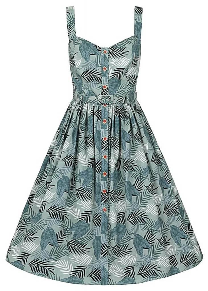 Collectif Jemima Cool Palm 50's Swing Dress Green