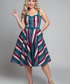 Collectif Nova Paradise Stripe 50's Swing Dress Multi New In