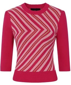 Collectif Christie V-Stripe 40's Top Raspberry Pink New In