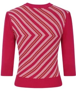 Collectif Christie V-Stripe 40's Top Raspberry Pink New In