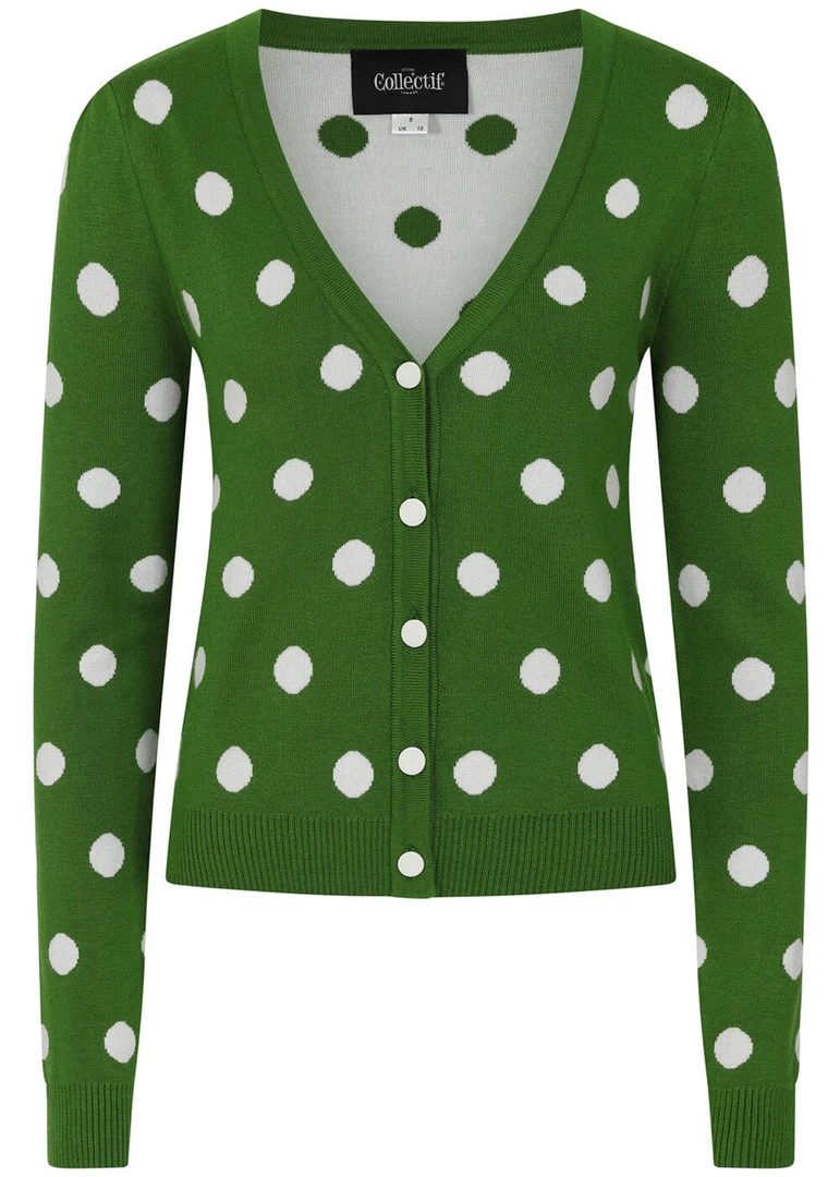 Collectif Violet Painted Polka50's Cardigan Green