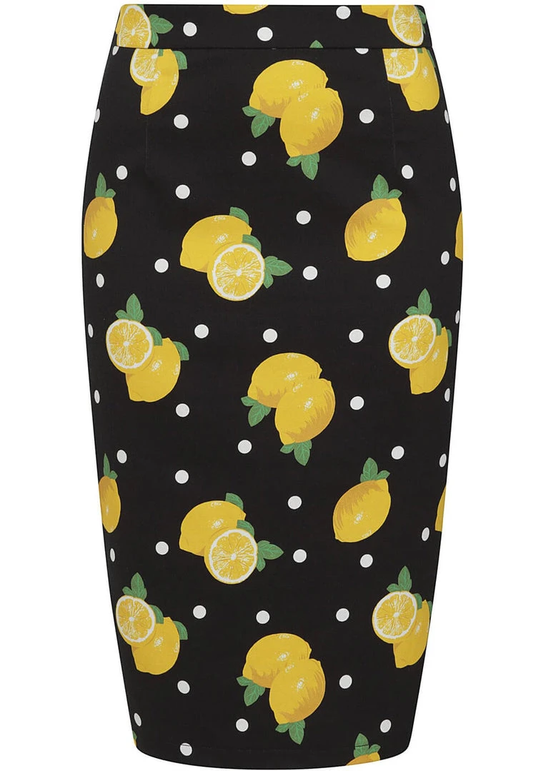 Collectif Polly Polka Lemon 50's Pencil Skirt Black New In