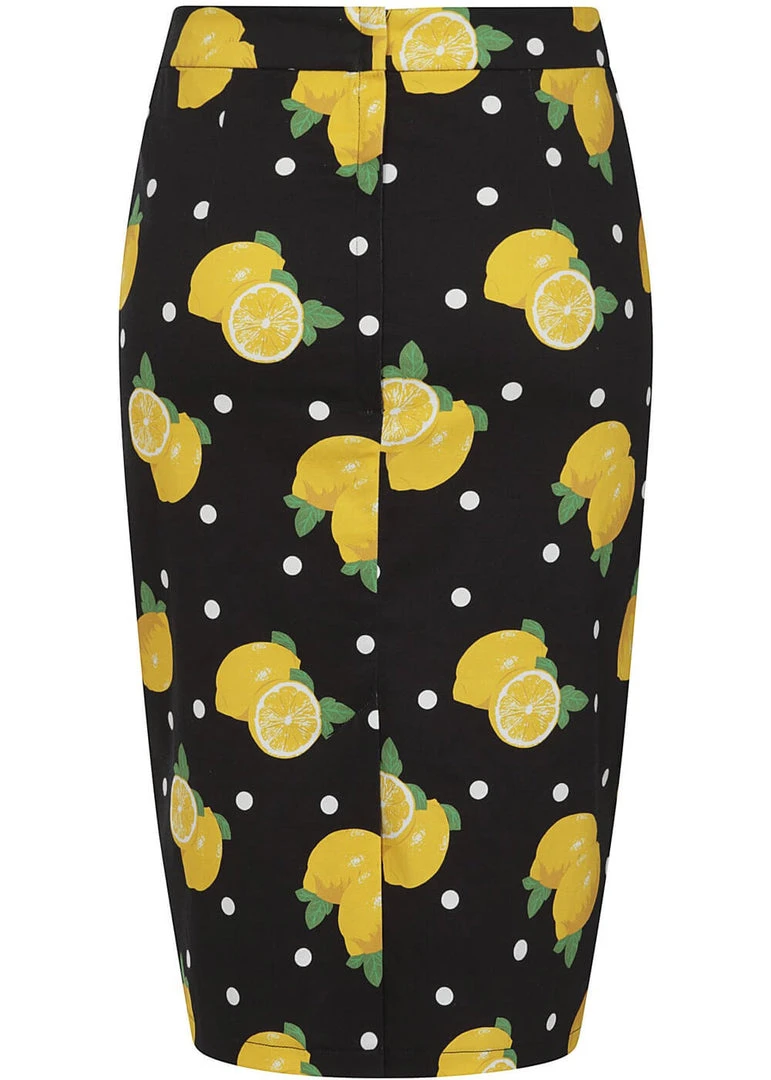 Collectif Polly Polka Lemon 50's Pencil Skirt Black New In