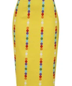 New In Collectif Polly Rainbow Polka Stripe 50's Pencil Skirt Yellow