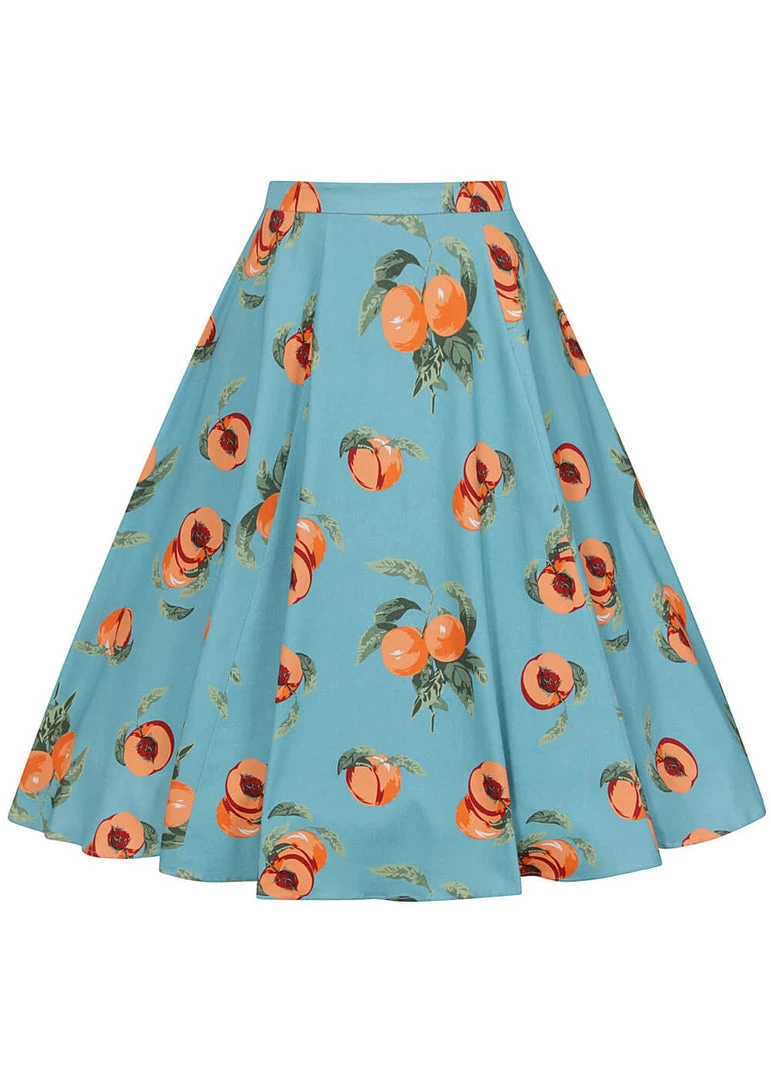 Collectif Matilde Vintage Peaches 50's Swing Skirt Blue New In