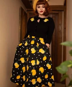 Collectif Matilde Polka Lemon 50's Swing Skirt Black New In