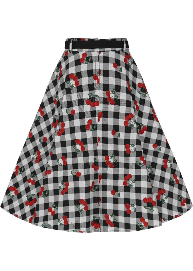 Collectif Dakota Gingham Cherries 50's Swing Skirt Black