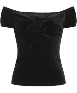 New In Collectif Dolores Darkwear Velvet 50's Top Black