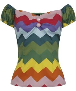 New In Collectif Dolores Rainbow Chevron 50's Top Multi Colour