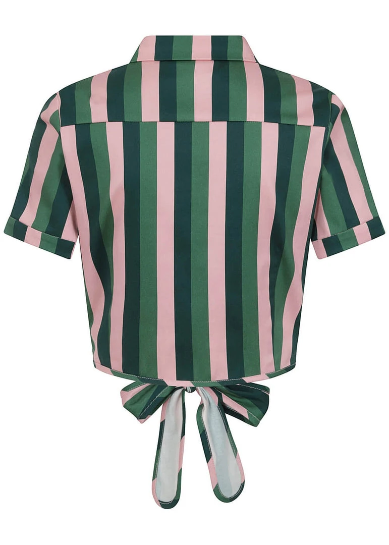 Collectif Sammy Palm Stripe 50's Tie Blouse Pink New In