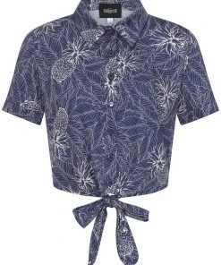 New In Collectif Sammy Pineapple Palm 50's Tie Blouse Navy