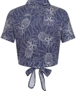 New In Collectif Sammy Pineapple Palm 50's Tie Blouse Navy