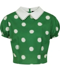 Collectif Betty Painted Polka 40's Top Green New In