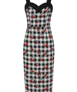 Collectif Kiana Gingham Cherries 50's Pencil Dress Black