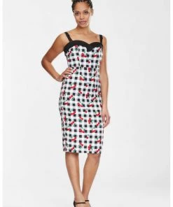 Collectif Kiana Gingham Cherries 50's Pencil Dress Black