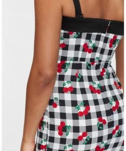 Collectif Kiana Gingham Cherries 50's Pencil Dress Black