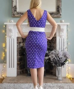 New In Collectif Hepburn Pretty Polkadot 50's Pencil Dress Purple