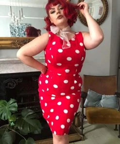 Collectif Hepburn Painted Polka 50's Pencil Dress Red