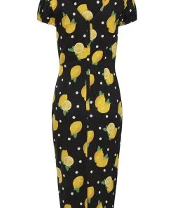 New In Collectif Demira Polka Lemon 50's Pencil Dress Black