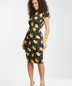 New In Collectif Demira Polka Lemon 50's Pencil Dress Black