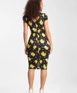 New In Collectif Demira Polka Lemon 50's Pencil Dress Black
