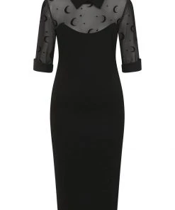 Collectif Wednesday Moon Flock Mesh 50's Pencil Dress Black New In