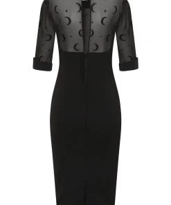 Collectif Wednesday Moon Flock Mesh 50's Pencil Dress Black New In