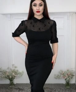Collectif Wednesday Moon Flock Mesh 50's Pencil Dress Black New In