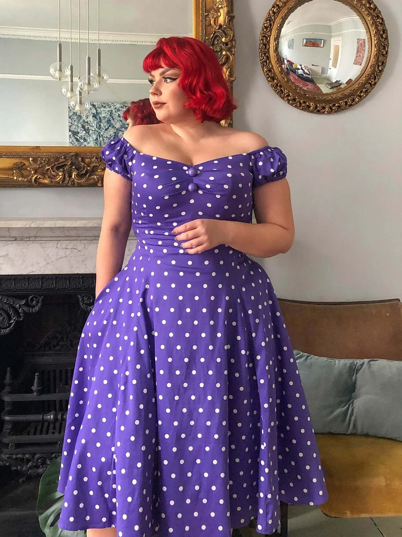 Collectif Dolores Pretty Polkadot 50's Swing Dress Purple