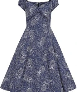 New In Collectif Dolores Pineapple Palm 50's Swing Dress Navy
