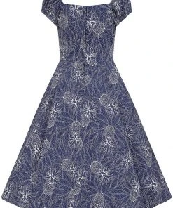 New In Collectif Dolores Pineapple Palm 50's Swing Dress Navy