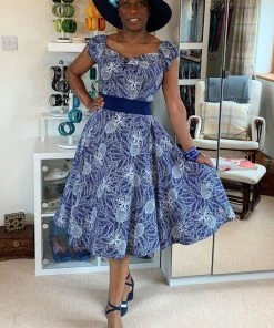 New In Collectif Dolores Pineapple Palm 50's Swing Dress Navy